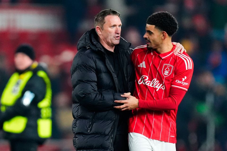 Robbie Keane and Morgan Gibbs White after Nottingham Forest's Europa League victory over Ferencvaros on Thursday. Photo: PA Wire